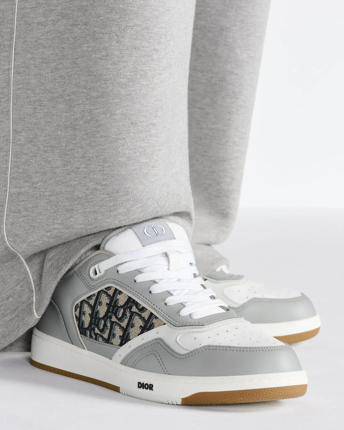 Dior B27 Uptown Men’s Grey & White Calfskin Sneakers with Beige Oblique Jacquard