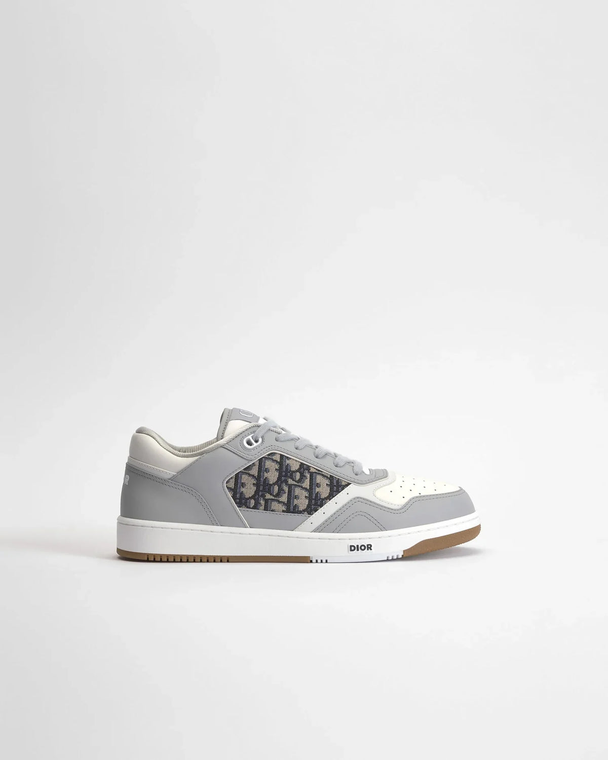 Dior B27 Uptown Men’s Grey & White Calfskin Sneakers with Beige Oblique Jacquard