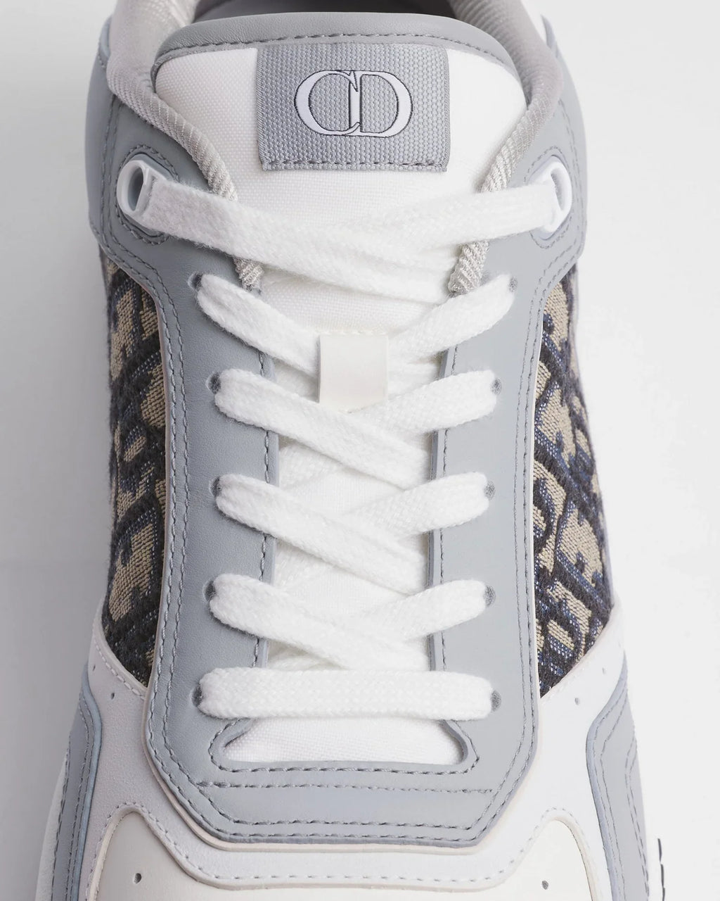 Dior B27 Uptown Men’s Grey & White Calfskin Sneakers with Beige Oblique Jacquard