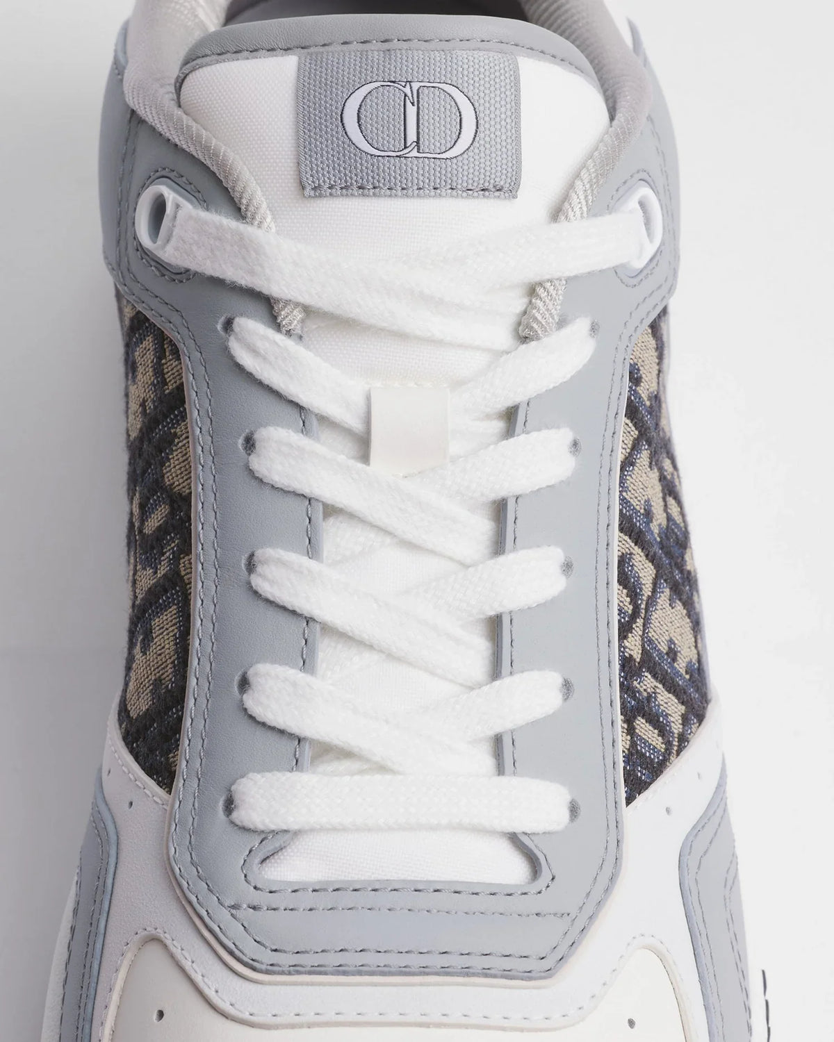 Dior B27 Uptown Men’s Grey & White Calfskin Sneakers with Beige Oblique Jacquard