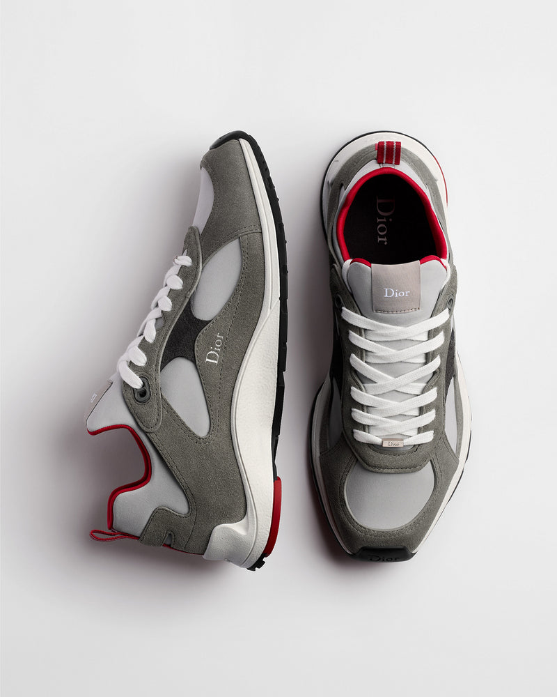 Dior Mile Grey‑Red Suede‑Neoprene Low‑Top Sneakers