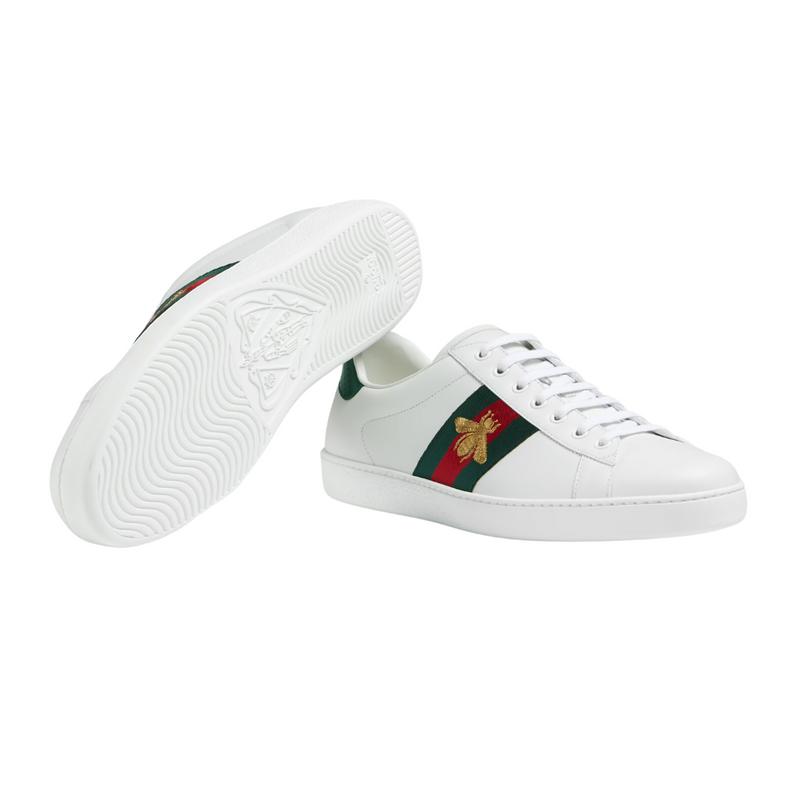 Gucci Ace White Leather Sneakers With Golden Bee Embroidery