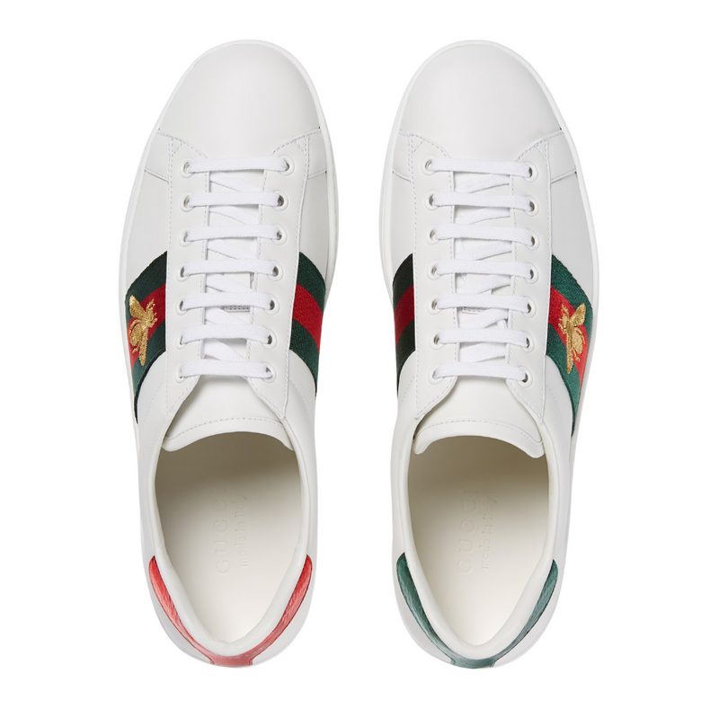 Gucci Ace White Leather Sneakers With Golden Bee Embroidery