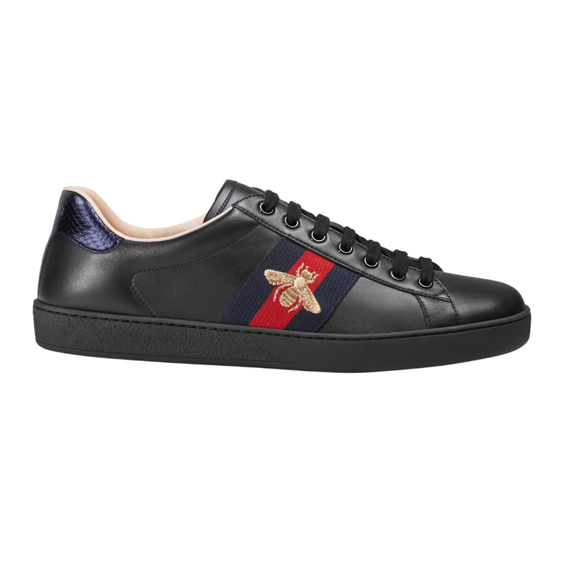 Gucci Ace Black Leather Sneakers With Golden Bee Embroidery