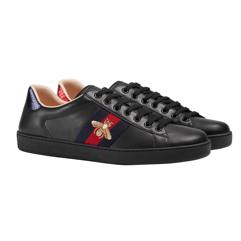 Gucci Ace Black Leather Sneakers With Golden Bee Embroidery