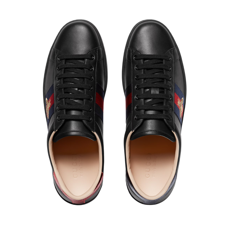 Gucci Ace Black Leather Sneakers With Golden Bee Embroidery