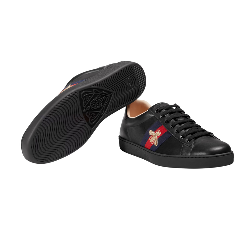 Gucci Ace Black Leather Sneakers With Golden Bee Embroidery